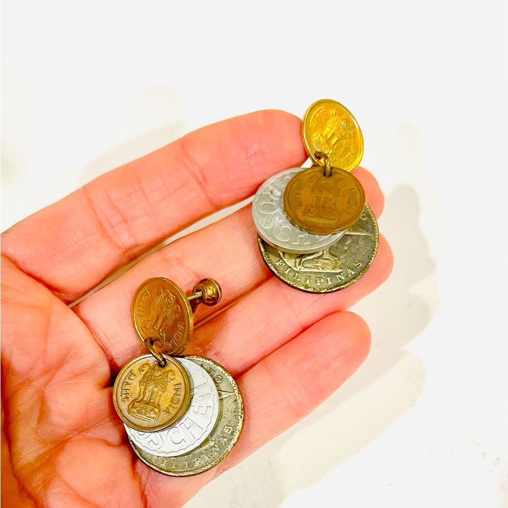 Vintage Drop/Dangle Foreign Coin Earrings (4 Coins), Excellent Vintage Condition